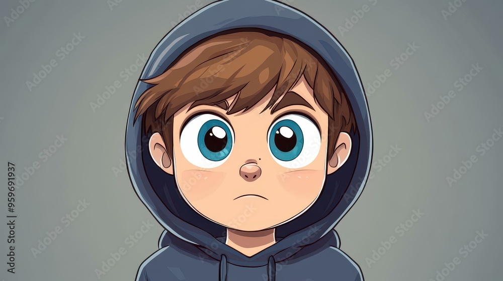 Sticker unique d illustration of an enigmatic boy in a hoodie, perfect for modern book interiors, with textu