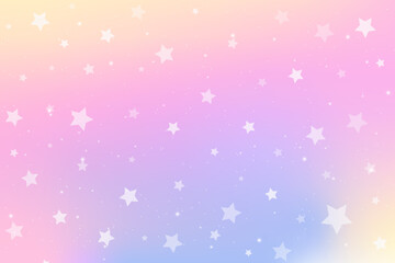 Pink and purple gradient unicorn sky with stars. Rainbow pastel cute bg. Magic abstract holographic backdrop. Iridescent soft fairy space. Vector dreamy wallpaper