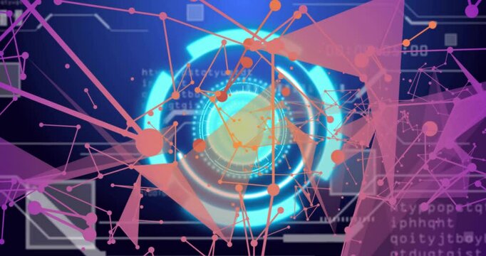 Abstract geometric shapes and digital connections animation over blue background with circular patte