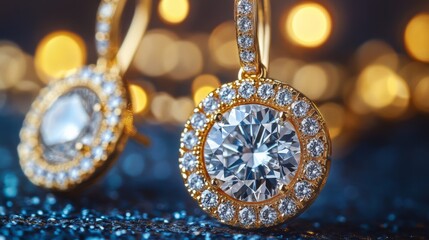 Fototapeta premium Gold Diamond Earrings with Sparkling Bokeh