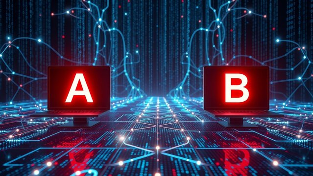 Two glowing screens display 'A' and 'B' on a digital background.