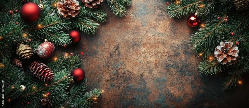 Poster spruce branches and decorations arranged on the table christmas arrangement top view copyspace