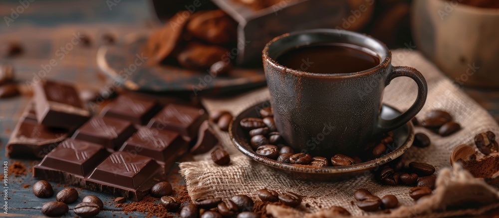 Poster sweet hot beverage black coffee with beans in a white bag on a wooden table alongside dark chocolate