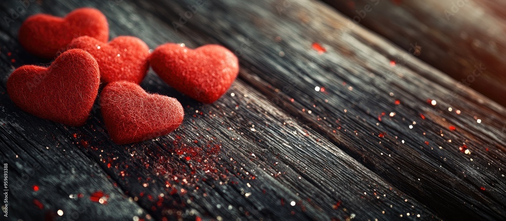 Aufkleber red felt love hearts on a sparkling wooden plank. with copy space image. place for adding text or de