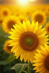 Sunflower Field at Sunset. Close-up of a sunflower in a field at sunset. Summer, nature, and beauty.