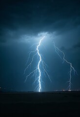 Dramatic Lightning Strike. Powerful lightning bolt illuminating a stormy night sky. Nature's energy and power.