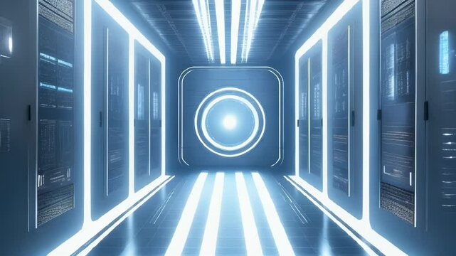 Futuristic Corridor with Blue Lights and Server Racks