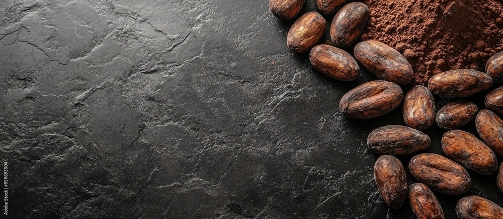 Leinwandbilder Raw cocoa beans on a dark stone table Fresh cocoa powder and chocolate made from cocoa beans Banner or panorama concept. with copy space image. Place for adding text or design
