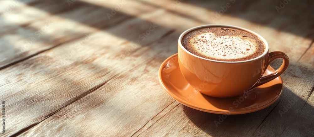 Poster Close up of a mocha latte coffee cup on a wooden table. with copy space image. Place for adding text or design