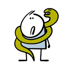 Huge green snake attacked the unfortunate stickman, wrapped around his body and strangled him by neck. Vector illustration of a man trapped. The Chinese symbol of the new year. Wild, dangerous animal.
