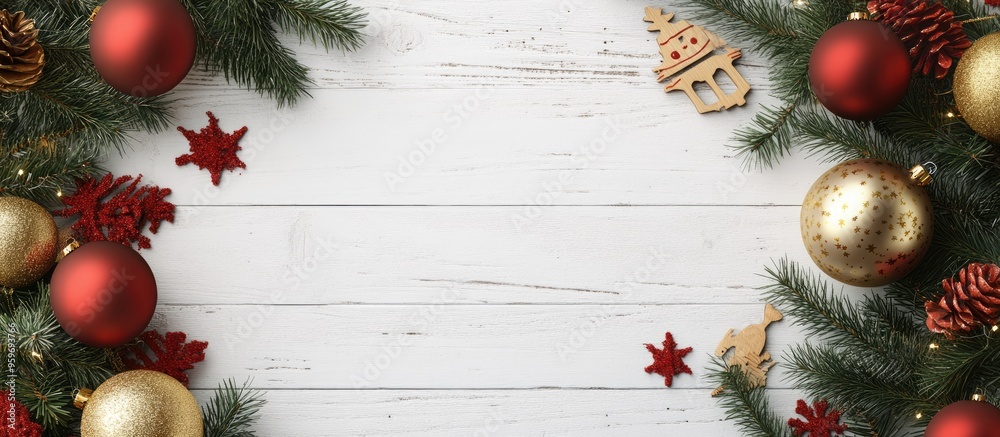 Aufkleber Christmas arrangement featuring fir branches golden and red balloons and wooden toys on a white wooden surface. with copy space image. Place for adding text or design