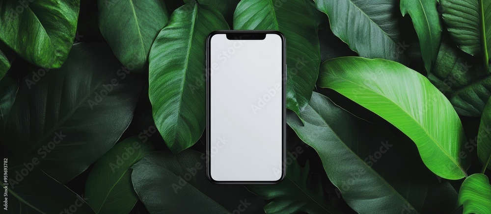 Poster A blank phone on a green leaf is ideal for presentations. with copy space image. Place for adding text or design
