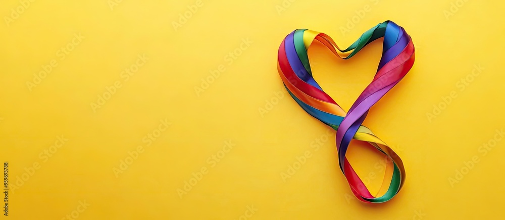 Poster spiral rainbow ribbon shaped like a heart on a yellow background top view copy space pride concept