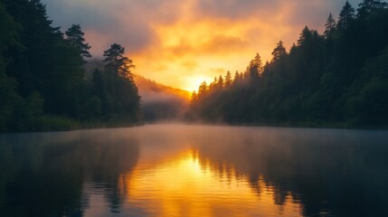 Obraz premium Misty Forest Lake at Sunrise