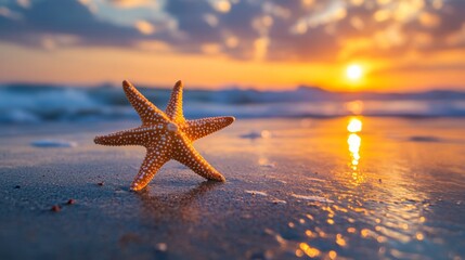Fototapeta na wymiar Starfish on a Beach at Sunset