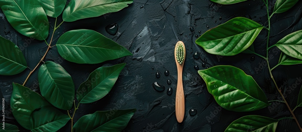 Poster Wooden toothbrushes and green leaves on a black background Zero waste idea Space for text Top view. with copy space image. Place for adding text or design