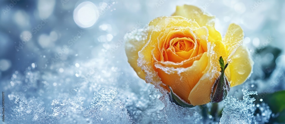 Aufkleber frozen yellow rose beneath melting ice authentic winter photography. with copy space image. place fo