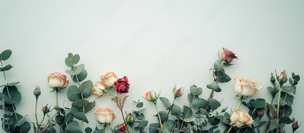 Poster Flat lay arrangement of flowers Dried rose blooms and eucalyptus sprigs on a white background from a top view with copy space Floral backdrop Design element for a greeting card