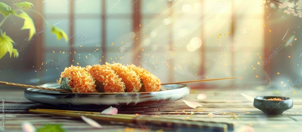 Poster japanese cuisine featuring deep fried bread crumbs and nori sardine fish as comfort food depiction. 