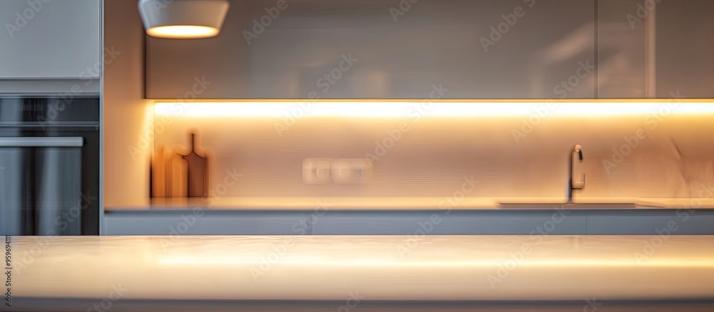 Poster Abstract blurred image of a kitchen with soft lighting for background use Blurred interior background concept in white tones. with copy space image. Place for adding text or design