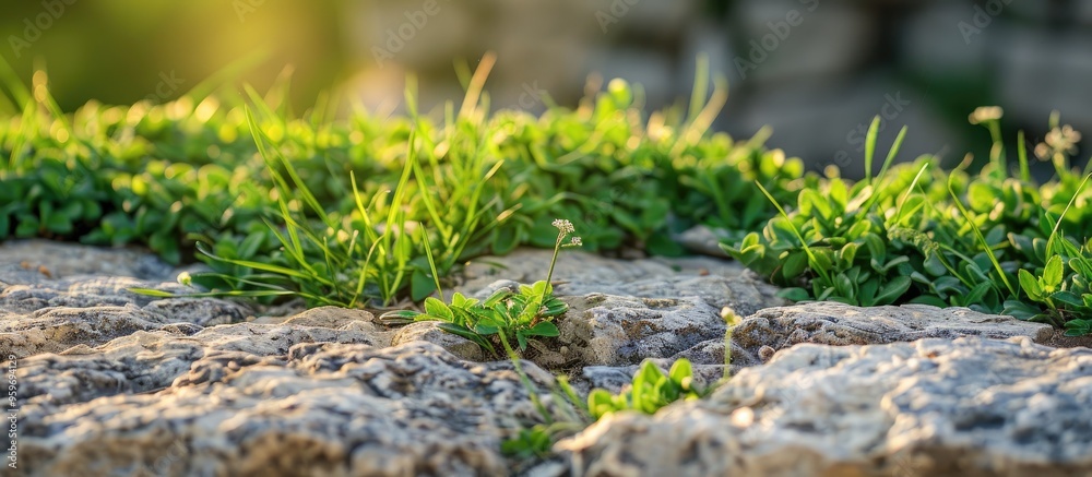Poster close up of a large stone on green grass providing copy space for text and showcasing a textured bac
