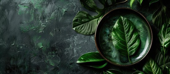 Green plate atop green leaves set against a dark background. with copy space image. Place for adding text or design