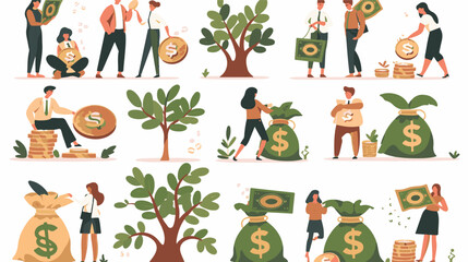 Tiny people with money. Budget elements, different poses persons, woman waters money tree, man rolls large coin, holding bill, millionaire on full bags, businessman with cash, vector set
