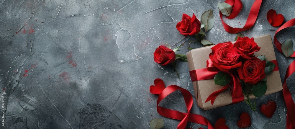 Poster holiday background for valentine s day featuring a bouquet of red roses tied with a red ribbon along