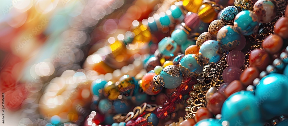Poster Top view of fashion jewelry and accessories set against a bright color background Luxurious bijouterie and a trendy concept. with copy space image. Place for adding text or design