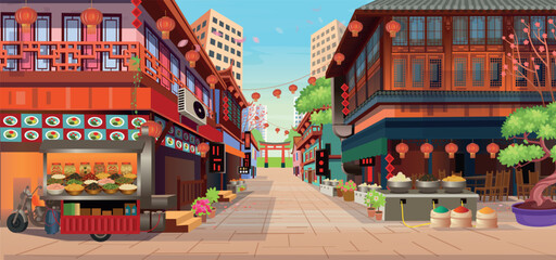 Panorama chinese street with old houses, chinese arch, lanterns and a garland. Vector illustration of city street in cartoon style. © NADEZHDA