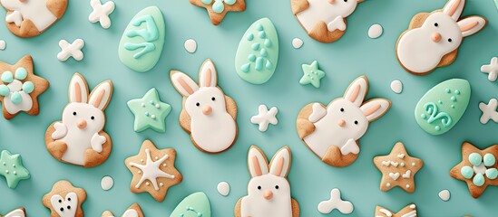 Food banner Seamless pattern Adorable bunny decoration Conceptual art Abstract backdrop Charming rabbit shaped gingerbread cookies with green icing set against a blue textured background