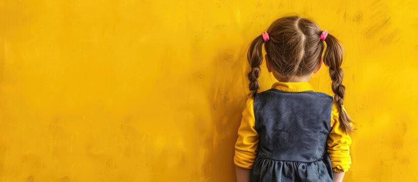 Children and school supplies are set against a yellow wall background A girl is writing on a blank blackboard providing copyspace The schoolgirl with focused expression and ponytails stands in a clas