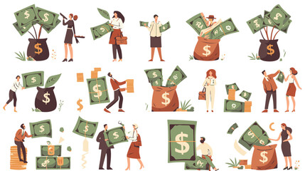 Tiny people with money. Budget elements, different poses persons, woman waters money tree, man rolls large coin, holding bill, millionaire on full bags, businessman with cash, vector set
