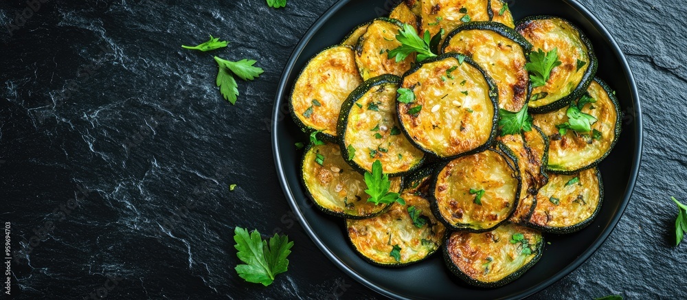 Aufkleber fried zucchini on a plate against a black stone backdrop top view flat lay. with copy space image. p