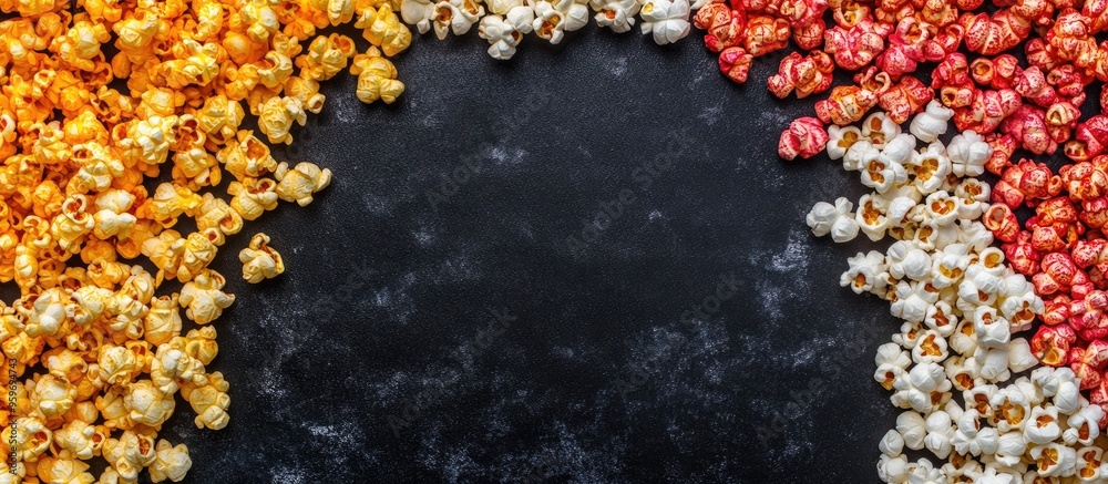Aufkleber assorted popcorn arranged as a background sweet and salty popcorn on a black backdrop still life top