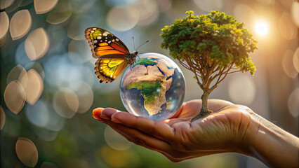 A hand gently holds a globe depicting Africa, with a tree rooted beside it and a butterfly soaring above, portraying a vision of ecological balance and unity with nature