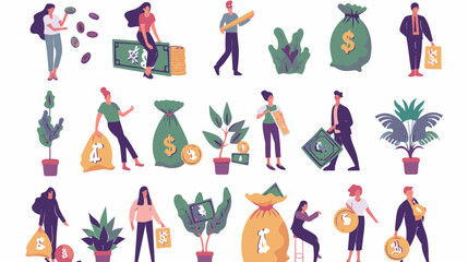 Tiny people with money. Budget elements, different poses persons, woman waters money tree, man rolls large coin, holding bill, millionaire on full bags, businessman with cash, vector set
