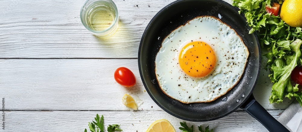 Leinwandbilder Breakfast table Fried egg in a frying pan on a white wooden surface accompanied by a salad and lemon water. with copy space image. Place for adding text or design