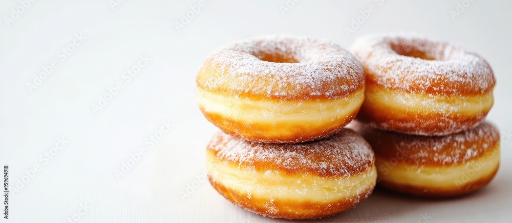 Poster doughnuts filled with creamy lemon on a white background copyspace for your text snack and dessert o