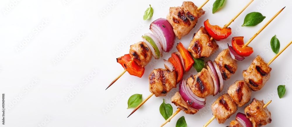 Aufkleber Chicken skewers featuring slices of sweet peppers and onion Shish kebab grilled meat on a white background top view Delicious food. with copy space image. Place for adding text or design