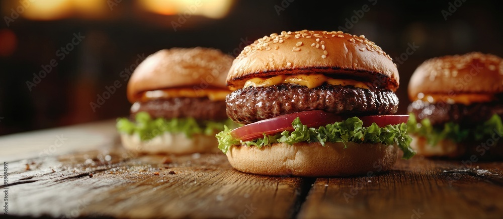 Aufkleber close up of homemade burgers on a wooden surface. with copy space image. place for adding text or de