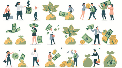 Tiny people with money. Budget elements, different poses persons, woman waters money tree, man rolls large coin, holding bill, millionaire on full bags, businessman with cash, vector set
