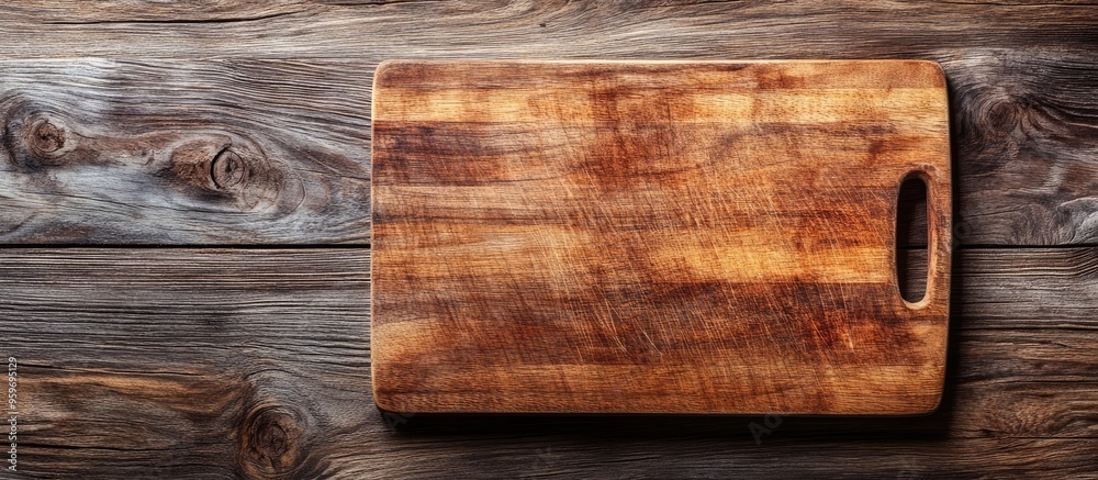 Fototapete Empty cutting board on a wooden surface Kitchen board Room for text Top view. with copy space image. Place for adding text or design