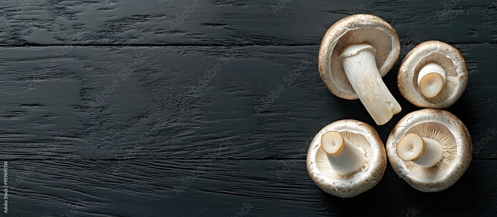 Poster Whole and sliced white champignon mushrooms on a black wooden surface. with copy space image. Place for adding text or design