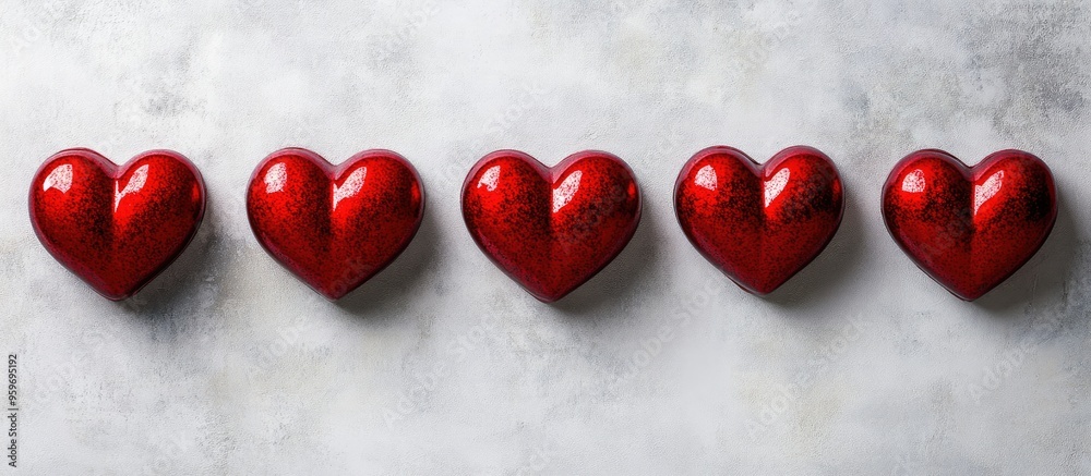 Poster Eight textured red hearts are arranged in a row on a white or gray background a St Valentine s Day backdrop featuring space for text minimalistic style. with copy space image
