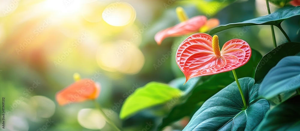 Leinwandbilder selective focus on anthurium vittarifolium plants viewed from beneath in the sunlight. with copy spa