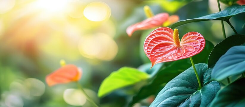 Selective focus on anthurium vittarifolium plants viewed from beneath in the sunlight. with copy space image. Place for adding text or design