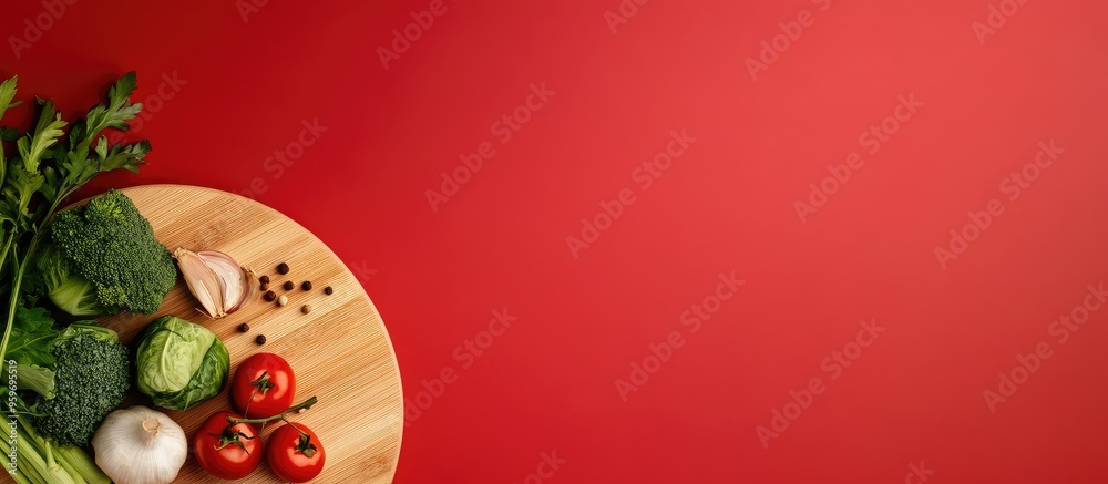 Leinwandbilder closeup of a wooden cutting board with fresh vegetables on a colored background. with copy space ima