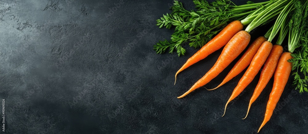 Poster fresh carrots with green tops on a dark background a concept of healthy eating top view image featur