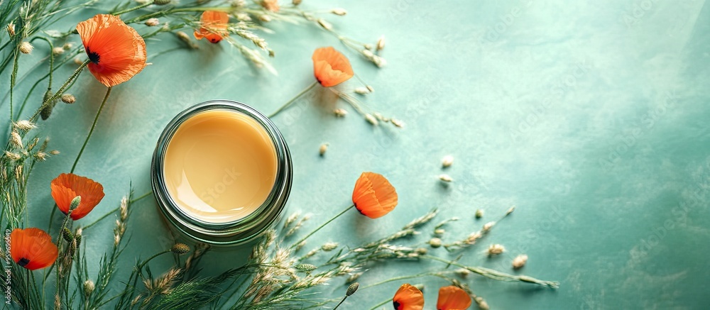 Aufkleber Natural organic salve balm cream infused with poppies and wheatgrass. with copy space image. Place for adding text or design
